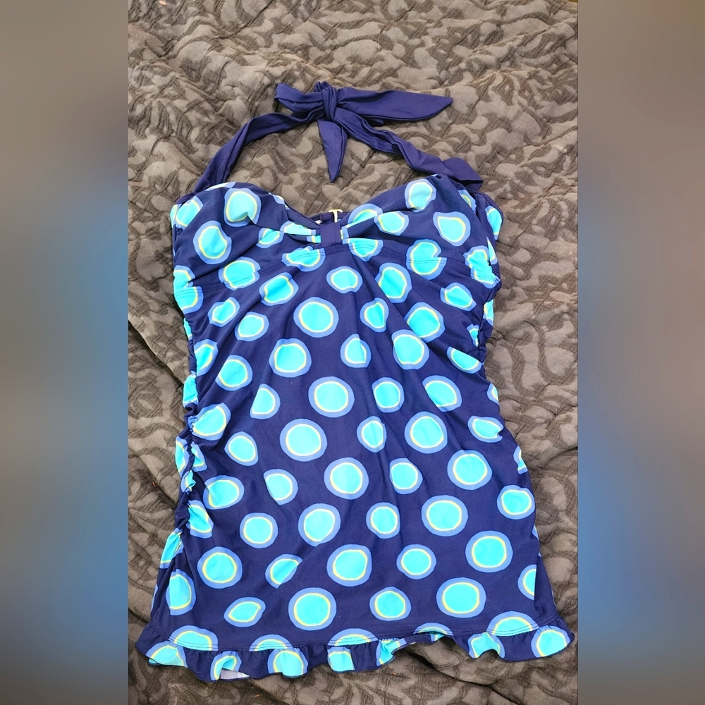 Tommy Hilfiger Swimsuit one-piece size 14 navy aqua/light blue/yellow polka dots